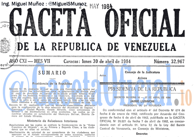 Gaceta Oficial 32967 del 30 Abril 1984