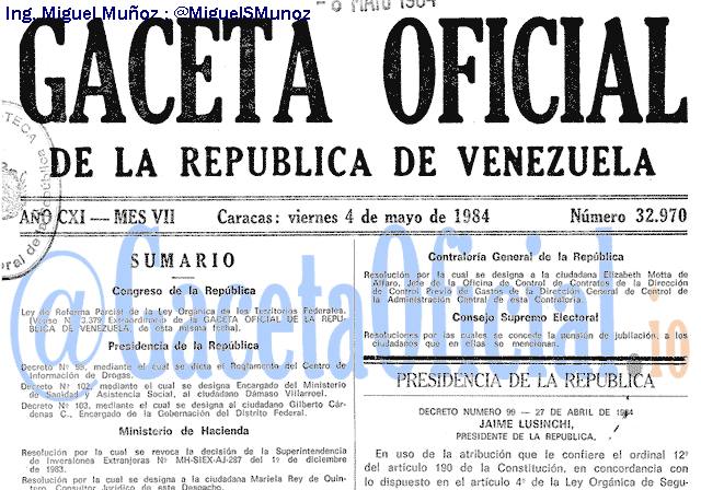 Gaceta Oficial 32970 del 4 Mayo 1984