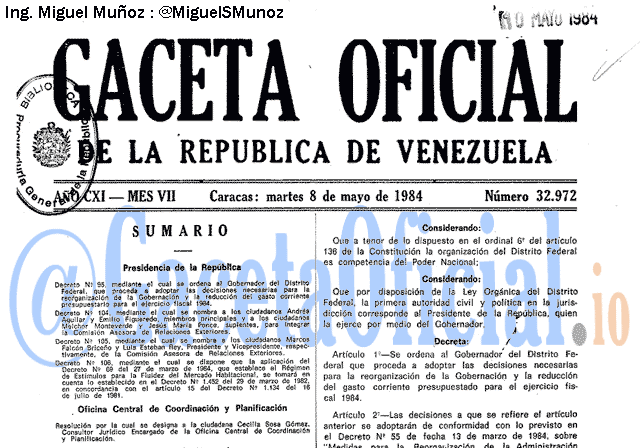 Gaceta Oficial 32972 del 8 Mayo 1984