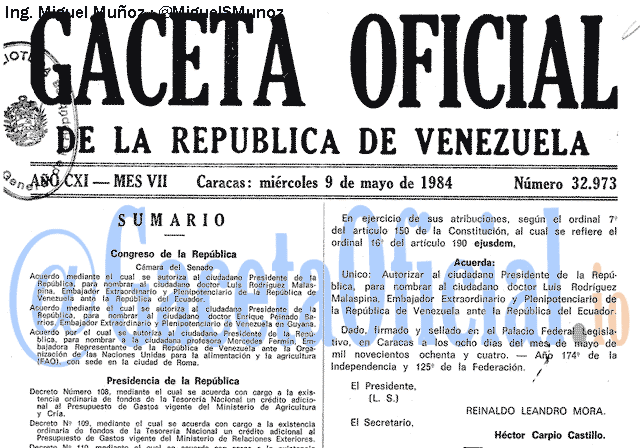 Gaceta Oficial 32973 del 9 Mayo 1984