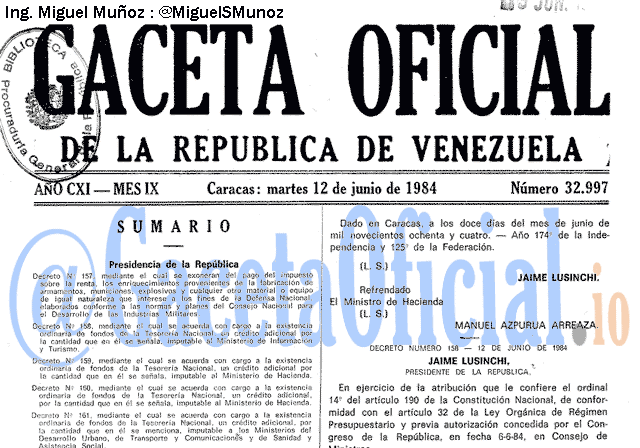Gaceta Oficial 32997 del 12 Junio 1984