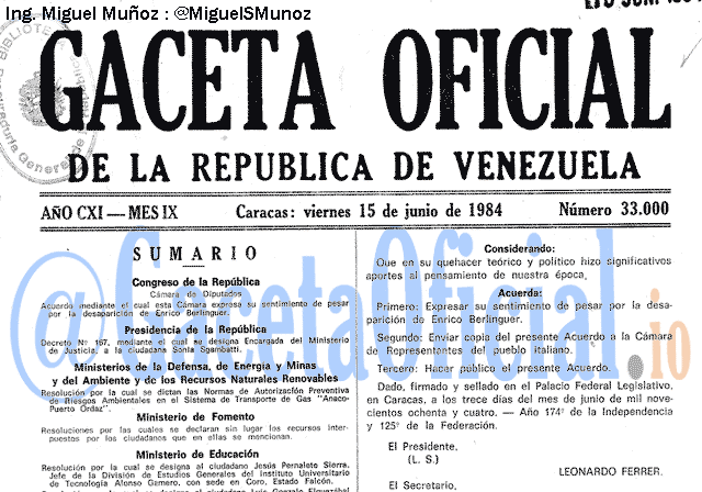 Gaceta Oficial 33000 del 15 Junio 1984
