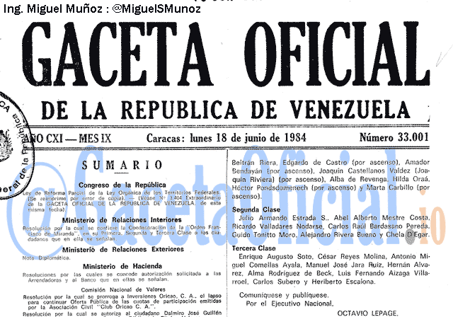 Gaceta Oficial 33001 del 18 Junio 1984