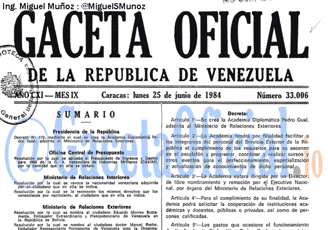 Gaceta Oficial 33006 del 25 Junio 1984