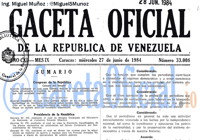 Gaceta Oficial 33008 del 27 Junio 1984
