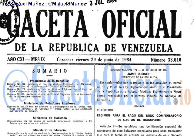 Gaceta Oficial 33010 del 29 Junio 1984