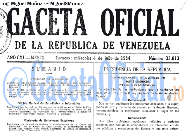 Gaceta Oficial 33013 del 4 Julio 1984