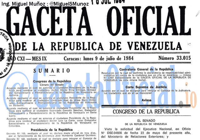 Gaceta Oficial 33015 del 9 Julio 1984