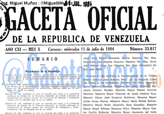 Gaceta Oficial 33017 del 11 Julio 1984