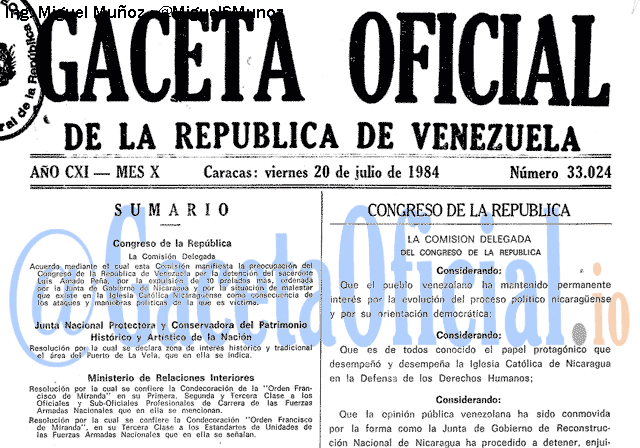 Gaceta Oficial 33024 del 20 Julio 1984