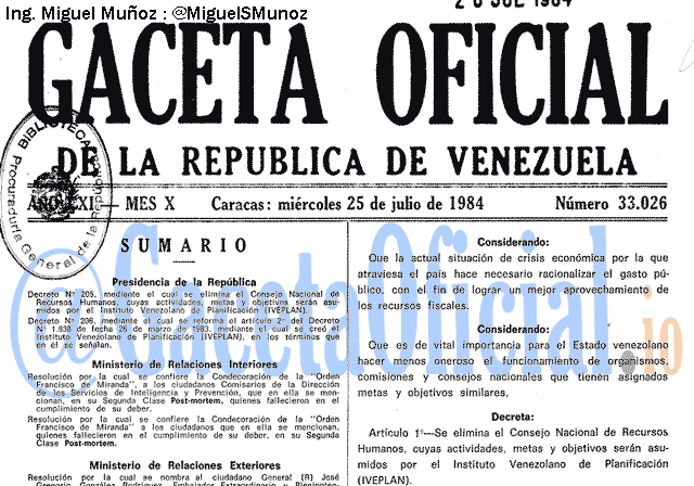 Gaceta Oficial 33026 del 25 Julio 1984