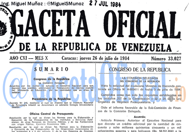 Gaceta Oficial 33027 del 26 Julio 1984