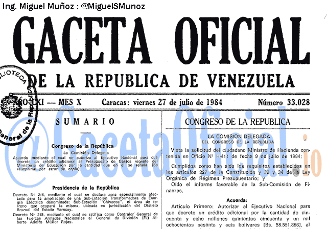 Gaceta Oficial 33028 del 27 Julio 1984