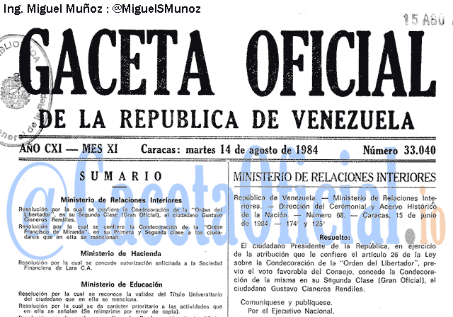 Gaceta Oficial 33040 del 14 Agosto 1984