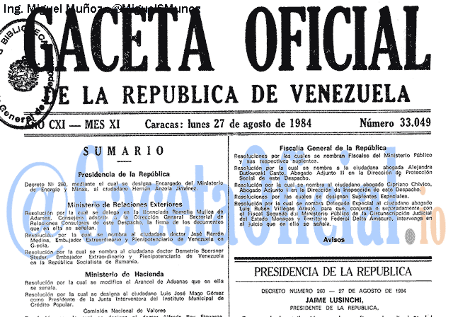 Gaceta Oficial 33049 del 27 Agosto 1984