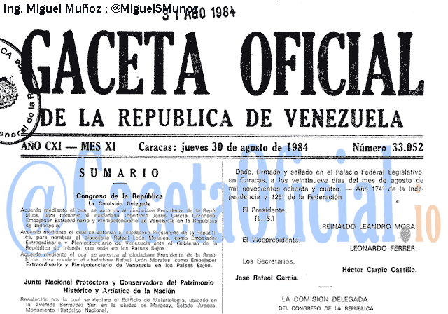 Gaceta Oficial 33052 del 30 Agosto 1984