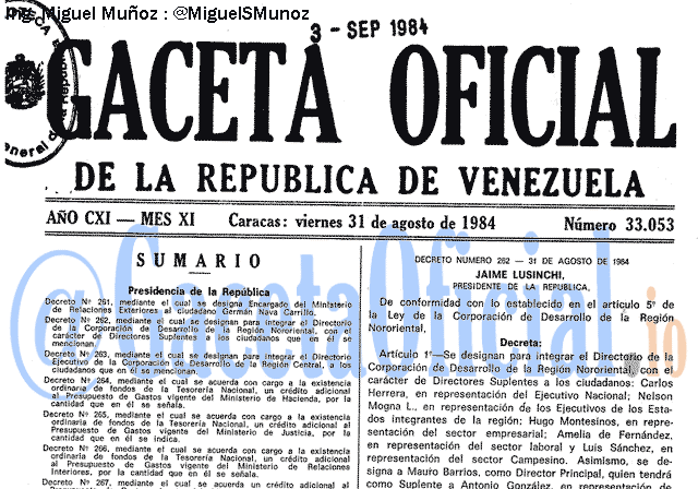 Gaceta Oficial 33053 del 31 Agosto 1984