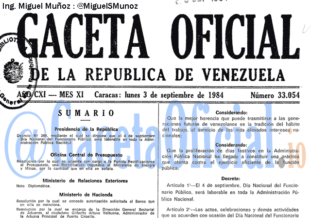 Gaceta Oficial 33054 del 3 Septiembre 1984