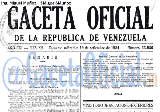Gaceta Oficial 33066 del 19 Septiembre 1984