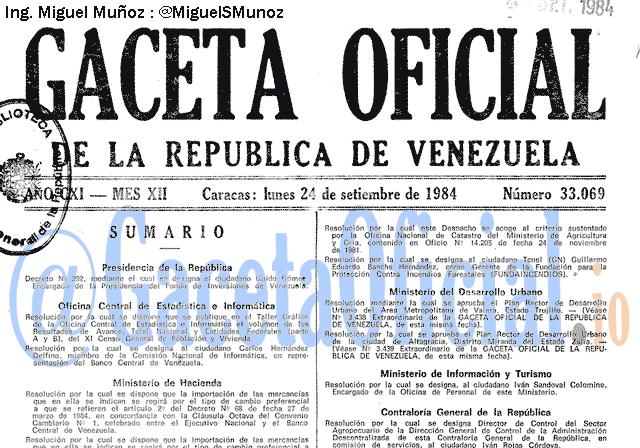 Gaceta Oficial 33069 del 24 Septiembre 1984