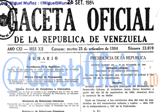 Gaceta Oficial 33070 del 25 Septiembre 1984