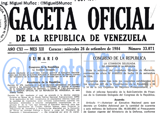 Gaceta Oficial 33071 del 26 Septiembre 1984
