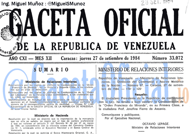 Gaceta Oficial 33072 del 27 Septiembre 1984