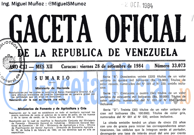 Gaceta Oficial 33073 del 28 Septiembre 1984