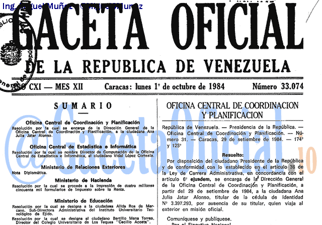 Gaceta Oficial 33074 del 1 Octubre 1984