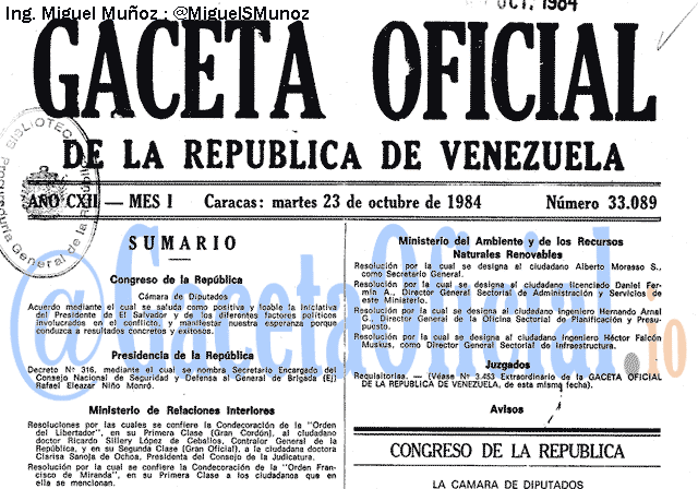 Gaceta Oficial 33089 del 23 Octubre 1984