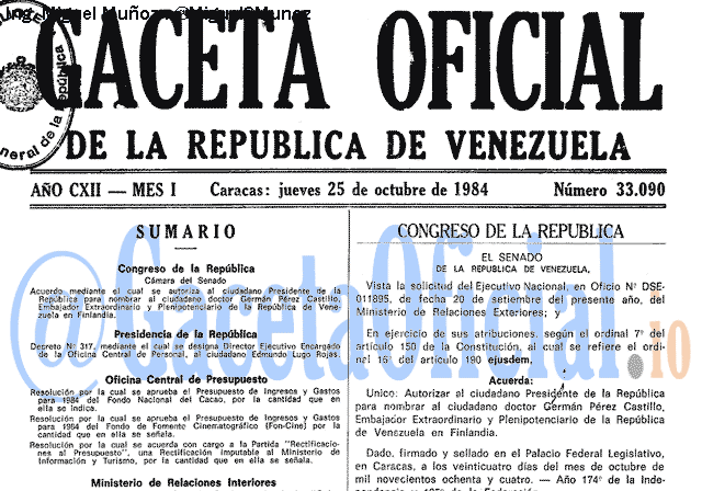 Gaceta Oficial 33090 del 25 Octubre 1984