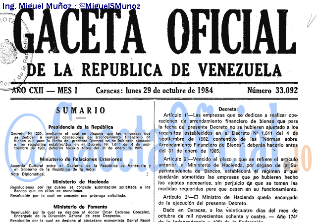 Gaceta Oficial 33092 del 29 Octubre 1984