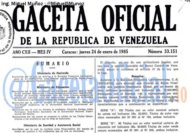 Gaceta Oficial 33151 del 24 Enero 1985