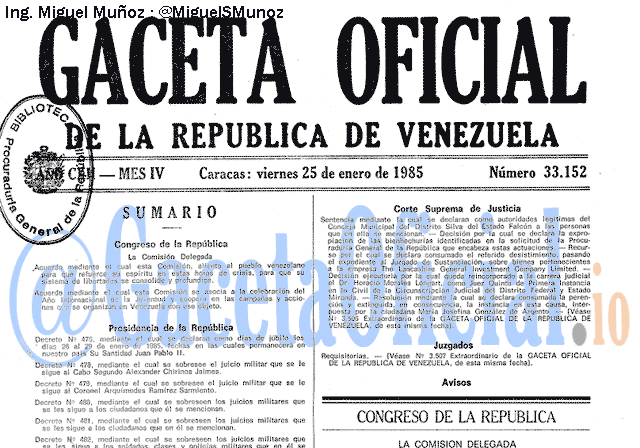 Gaceta Oficial 33152 del 25 Enero 1985