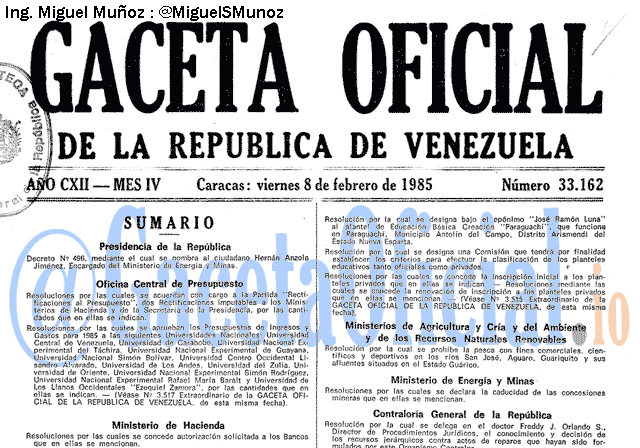 Gaceta Oficial 33162 del 8 Febrero 1985