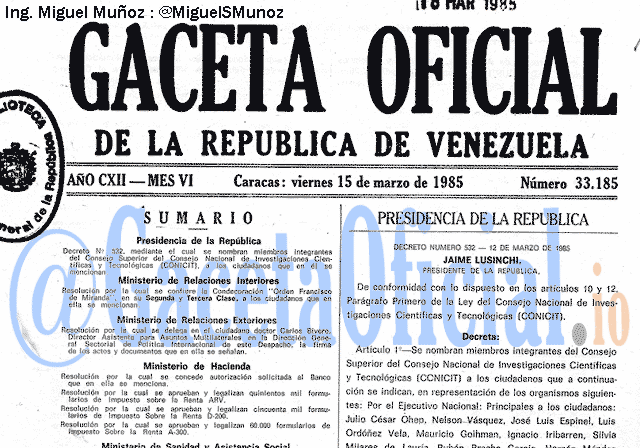Gaceta Oficial 33185 del 15 Marzo 1985