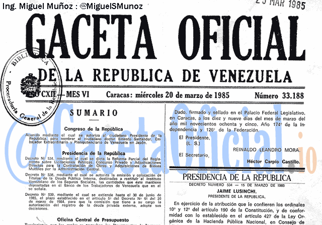Gaceta Oficial 33188 del 20 Marzo 1985