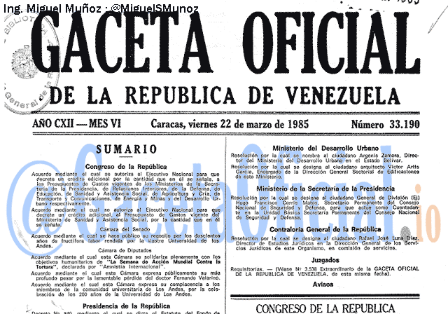 Gaceta Oficial 33190 del 22 Marzo 1985