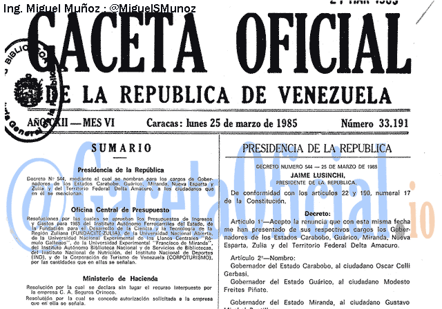 Gaceta Oficial 33191 del 25 Marzo 1985