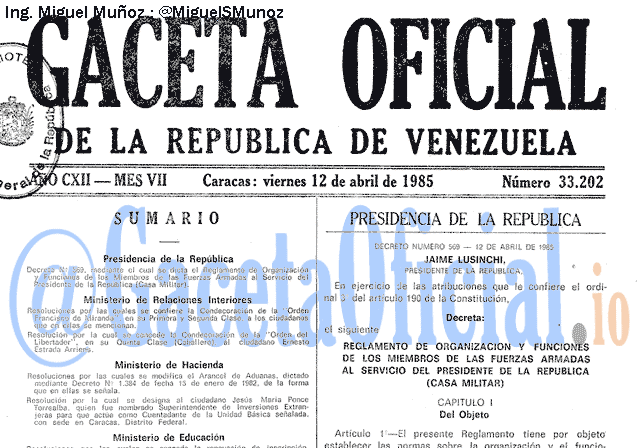 Gaceta Oficial 33202 del 12 Abril 1985