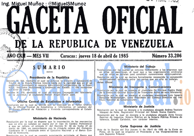 Gaceta Oficial 33206 del 18 Abril 1985