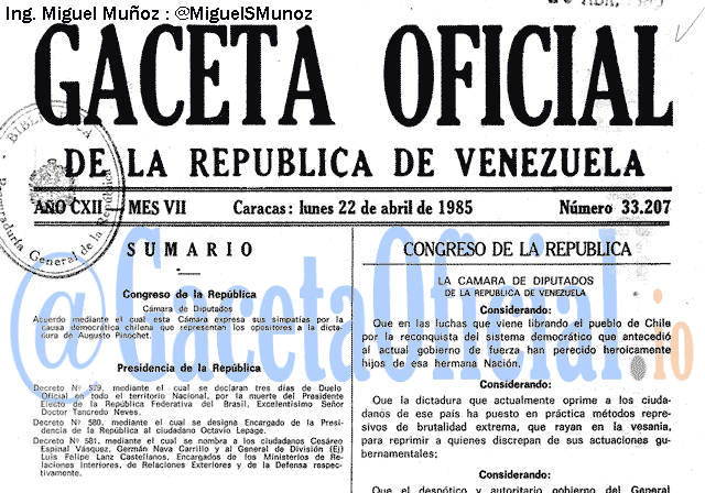 Gaceta Oficial 33207 del 22 Abril 1985
