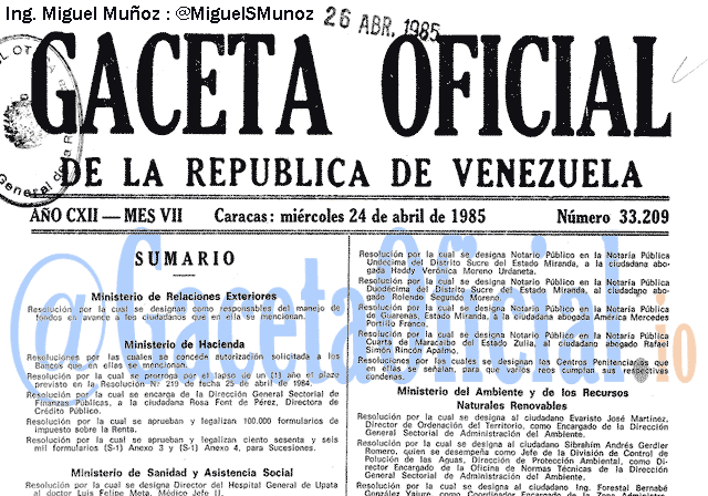 Gaceta Oficial 33209 del 24 Abril 1985