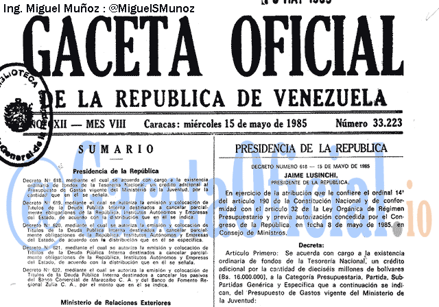 Gaceta Oficial 33223 del 15 Mayo 1985