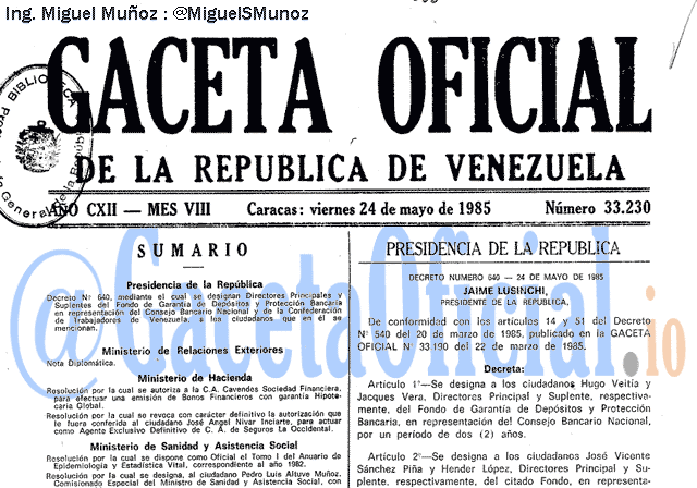Gaceta Oficial 33230 del 24 Mayo 1985