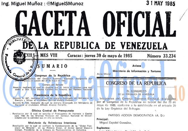 Gaceta Oficial 33234 del 30 Mayo 1985