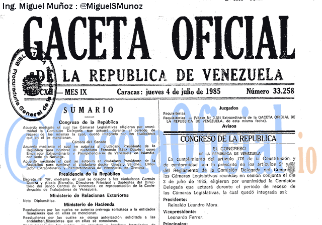 Gaceta Oficial 33258 del 4 Julio 1985