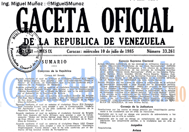 Gaceta Oficial 33261 del 10 Julio 1985