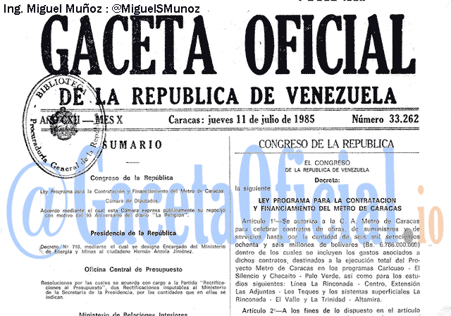 Gaceta Oficial 33262 del 11 Julio 1985