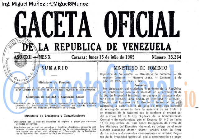 Gaceta Oficial 33264 del 15 Julio 1985
